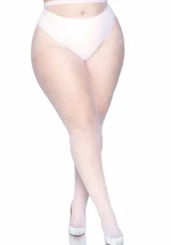 Leg Avenue Fishnet plus - Verkkosukkahousut 44-48, valkoinen